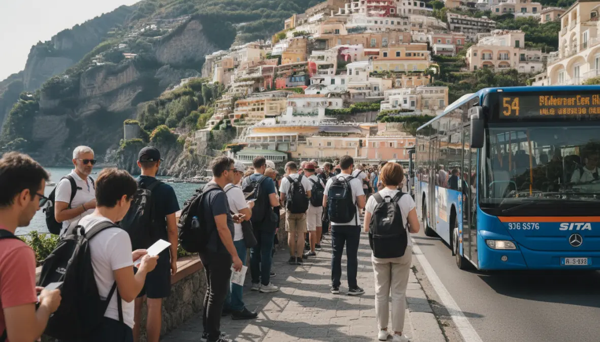 Tourists waiting at Positano bus stop for SITA bus service along the Amalfi Coast