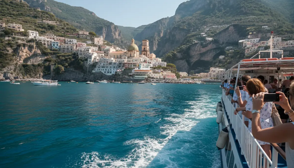 Ferry boat arriving at Amalfi harbor showing scenic coastal ferry transportation option