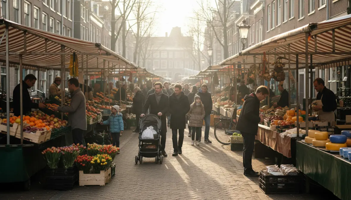Local street market in Amsterdam neighborhood with residents shopping for fresh goods