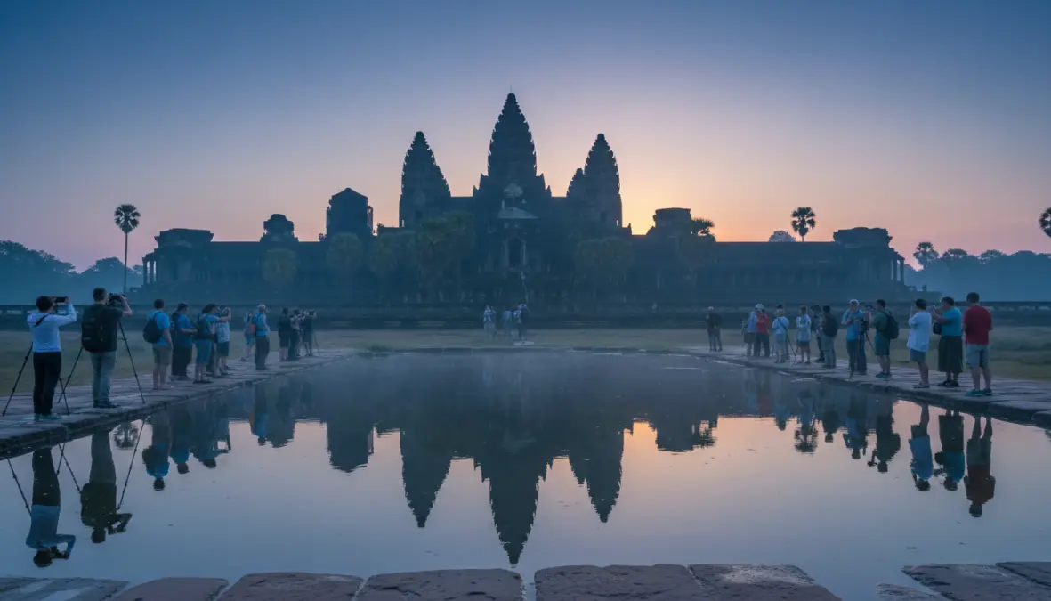 Tourists gathering at Angkor Wat reflecting pool before sunrise