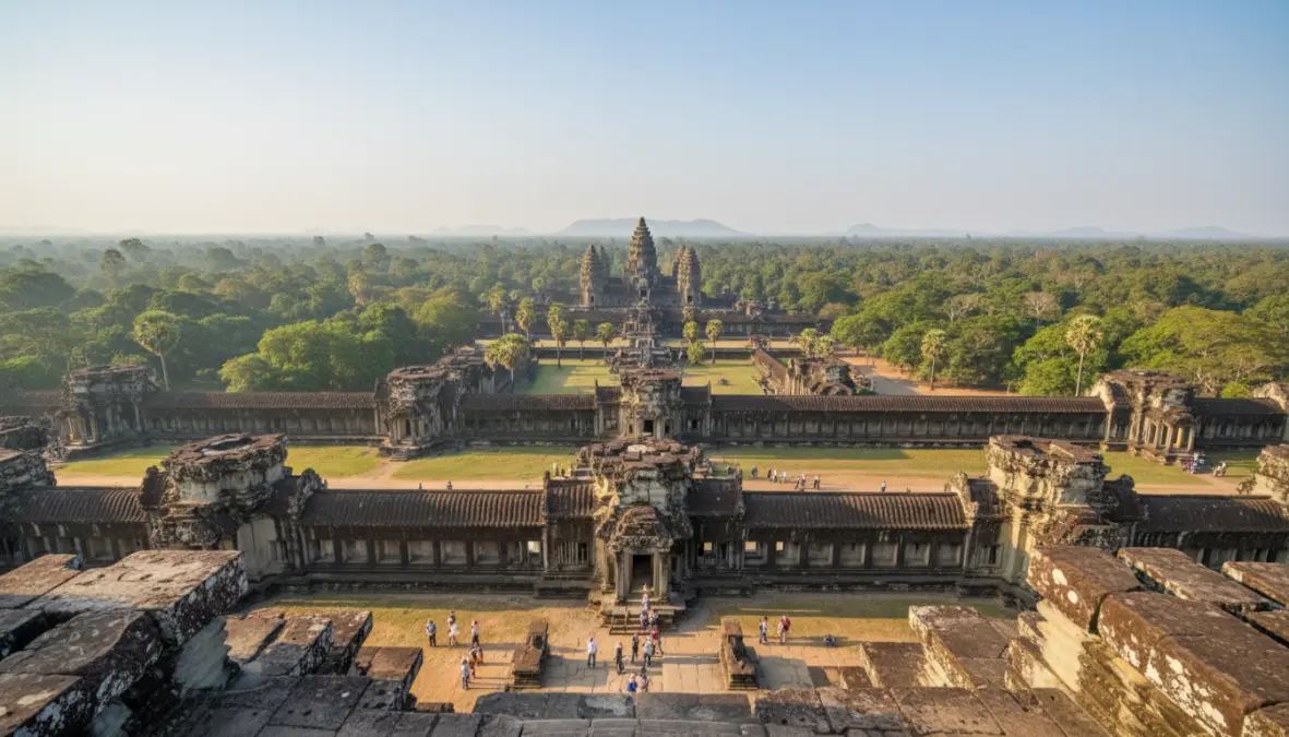 Elevated view from Angkor Wat third level showing temple layout and surrounding landscape