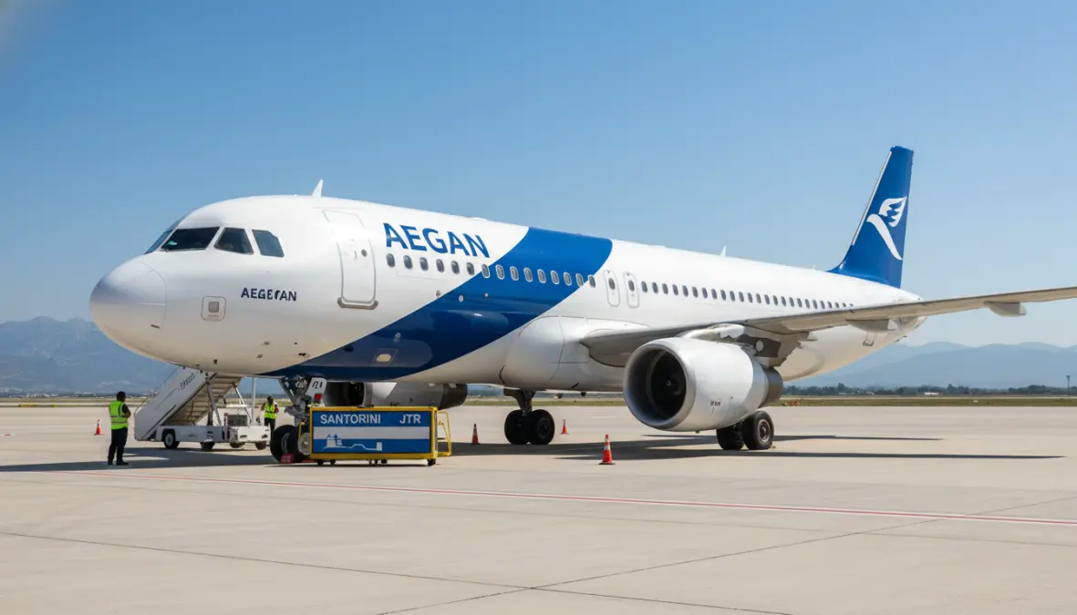 Athens to Santorini flight aircraft at Athens airport ready for departure
