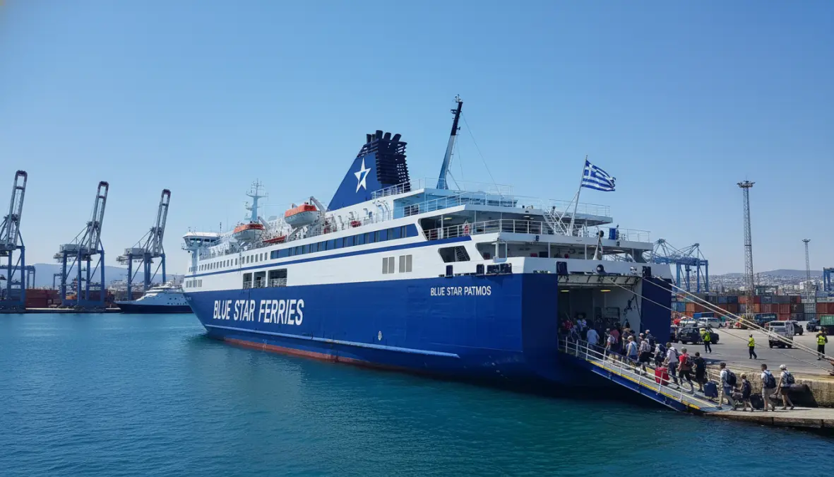 Blue Star Ferry at Piraeus port boarding passengers for Athens to Santorini route