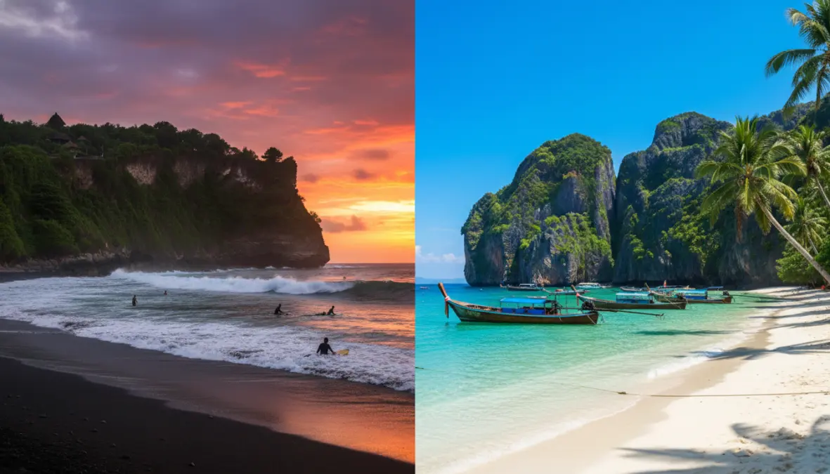 Comparison of Bali beaches and Thailand beaches showing different coastal landscapes
