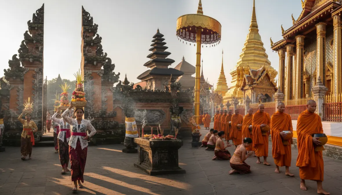 Cultural experiences comparison showing Balinese temple ceremony and Thai Buddhist traditions