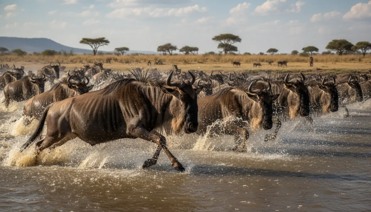 Wildebeest migration river crossing in Serengeti National Park, one of the top safari destinations in East Africa