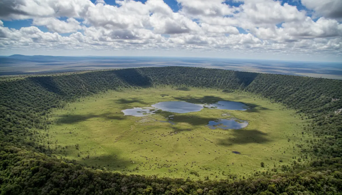 Aerial view of Ngorongoro Crater Tanzania, best safari destination for first time visitors to see big five animals