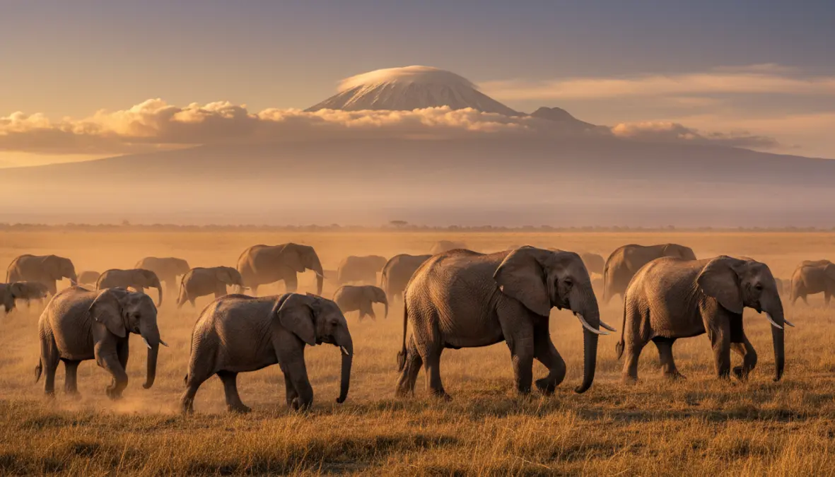 Elephant herd walking beneath Mount Kilimanjaro in Amboseli National Park Kenya, popular safari location for beginners