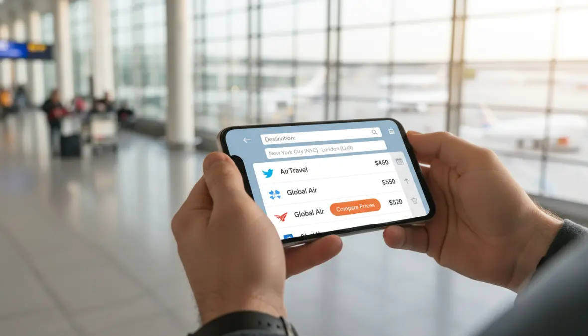 Flight booking apps on smartphone for comparing travel prices