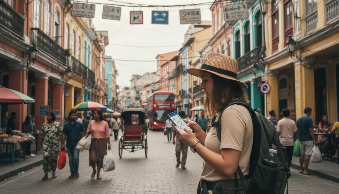 Tourist using offline maps apps for navigation in foreign city