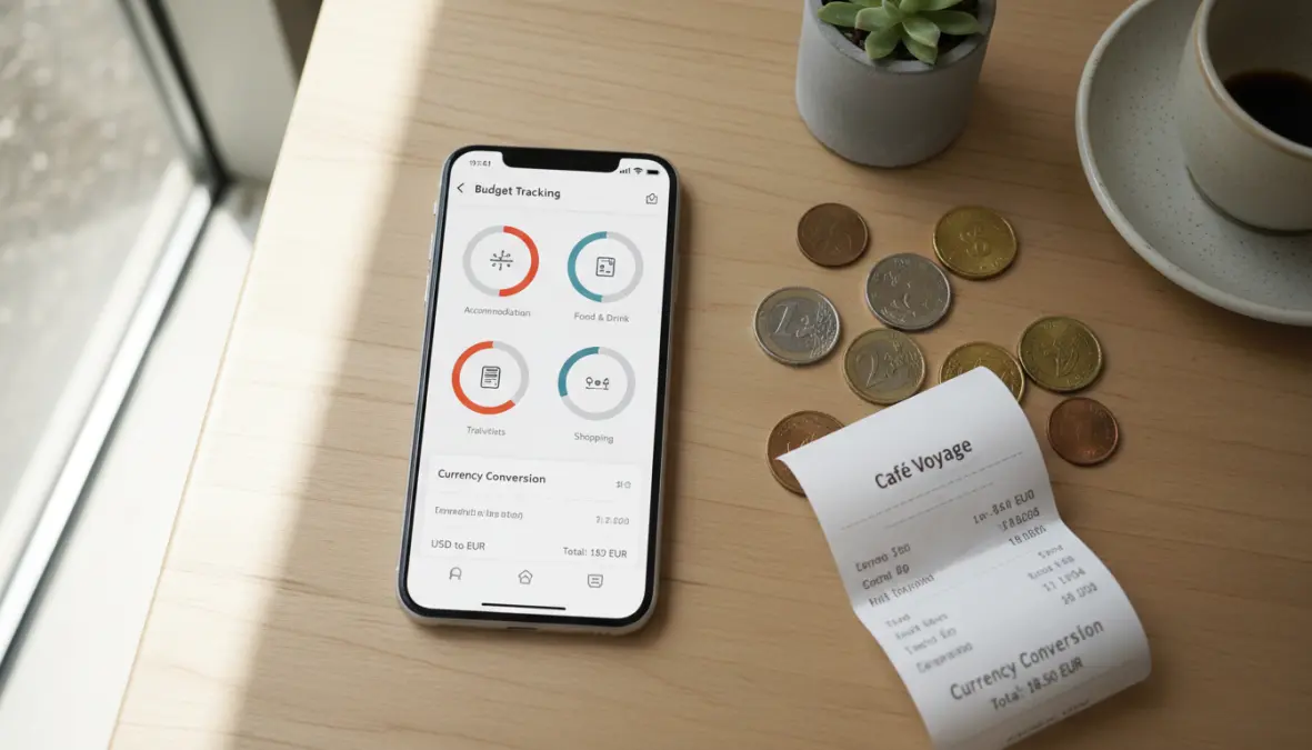 Budget travel apps showing expense tracking and currency converter tools