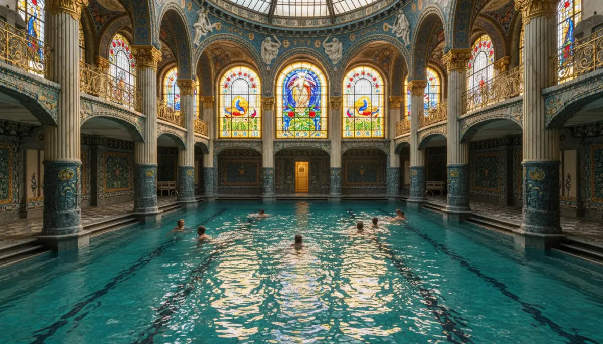 Art Nouveau interior of Gellért spa Budapest showing ornate columns and mineral pools