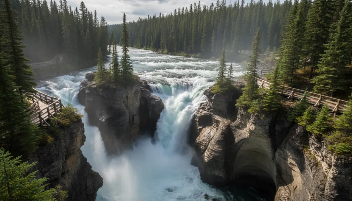 Athabasca Falls thundering waterfall near Jasper on the Canadian Rockies road trip route