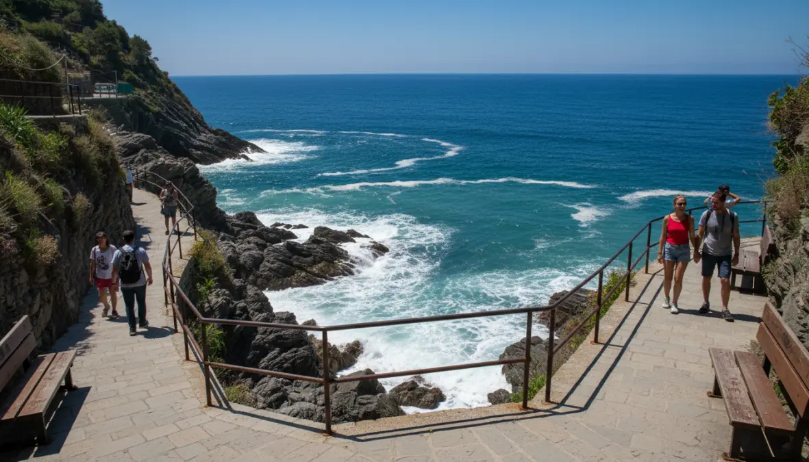 Via dell'Amore paved coastal path between Riomaggiore and Manarola with ocean views