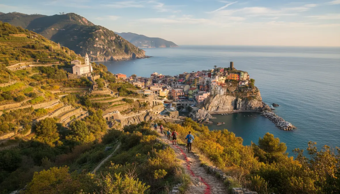 Sentiero Rosso mountain trail above Cinque Terre with panoramic coastal views and vineyards