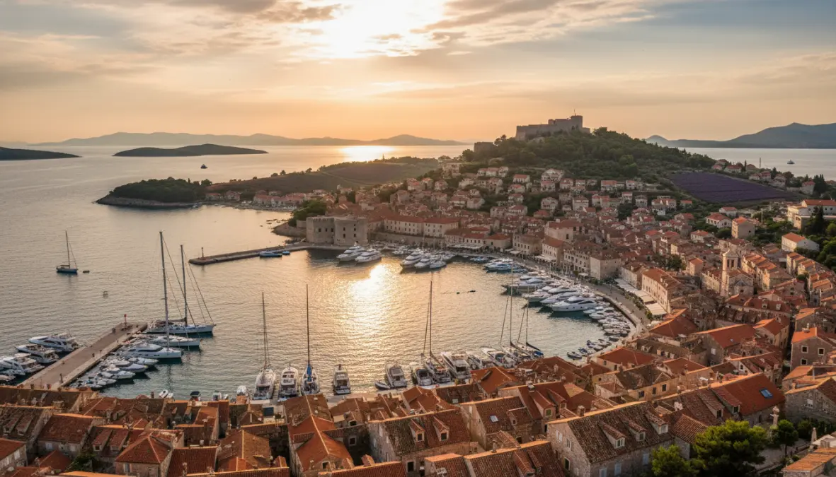 Hvar island town harbor with medieval architecture and yachts on the Dalmatian Coast