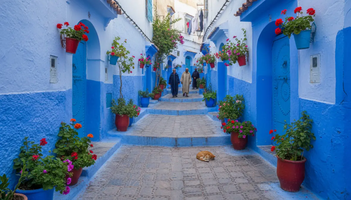 Blue painted walls and traditional doors in Chefchaouen medina alleyway