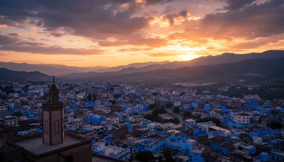 Sunset view of Chefchaouen from Spanish Mosque showing blue city and Rif Mountains