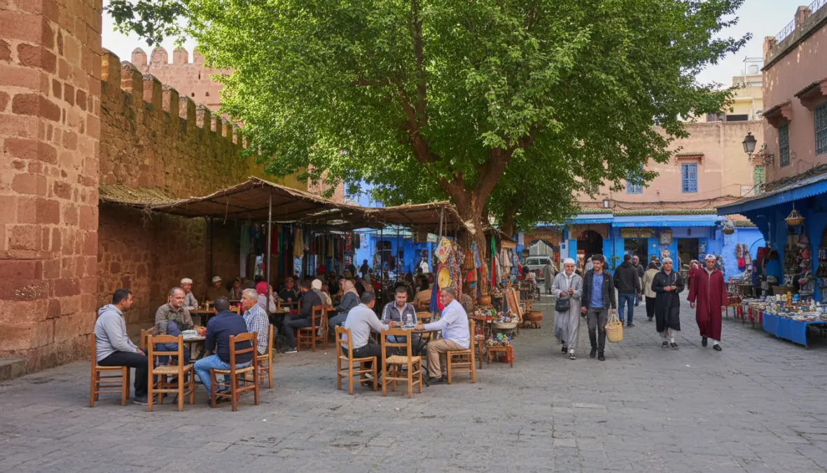 Plaza Uta el Hammam main square in Chefchaouen with Kasbah Museum and cafes
