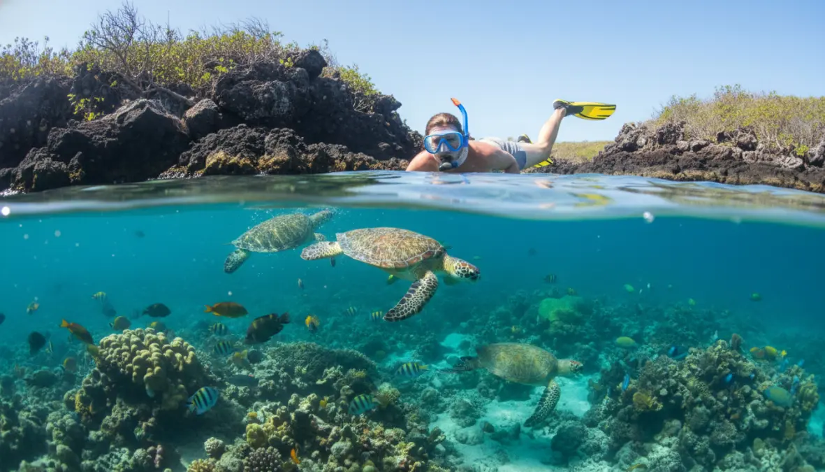 Affordable snorkeling tour in Galapagos Islands, budget-friendly wildlife encounter with sea turtles