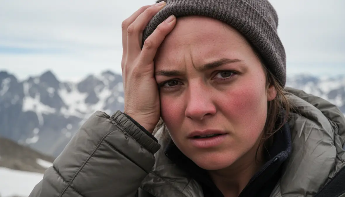 Hiker experiencing altitude sickness symptoms including headache at high elevation