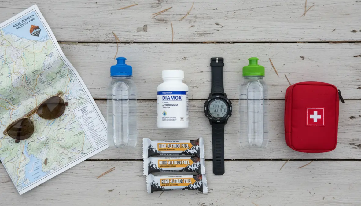 Altitude sickness medication and prevention supplies including acetazolamide and hydration essentials