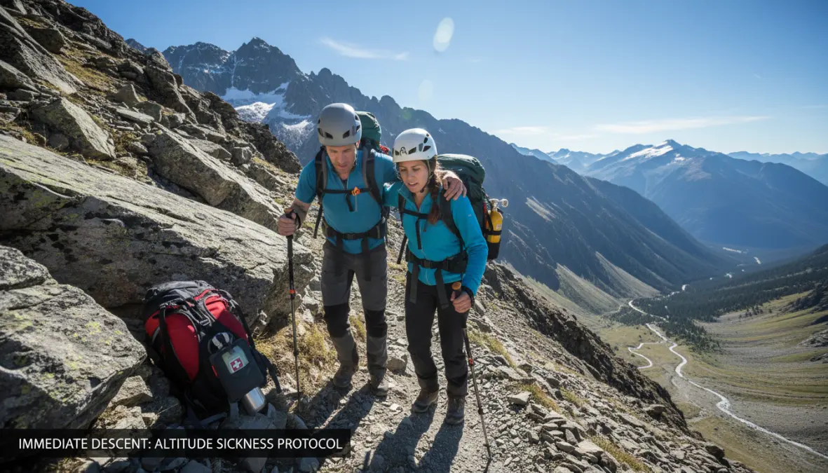 Mountain rescue assistance demonstrating proper altitude sickness treatment through immediate descent
