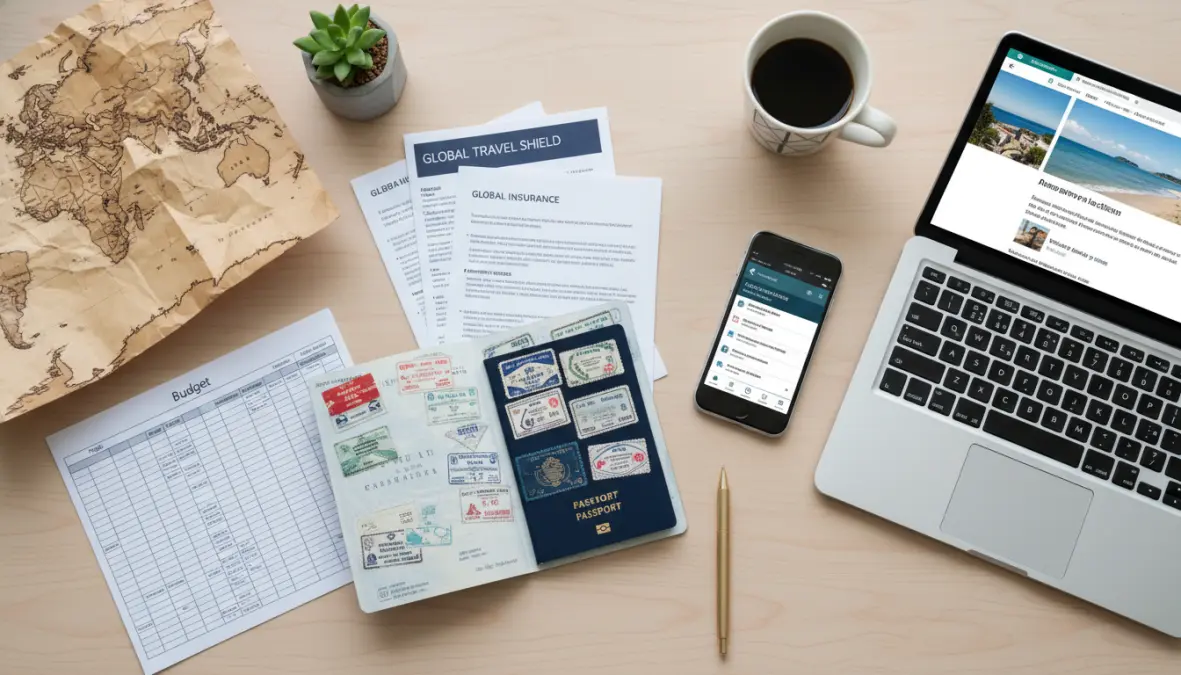 Travel planning essentials including passport, budget documents, and map for full-time travel preparation