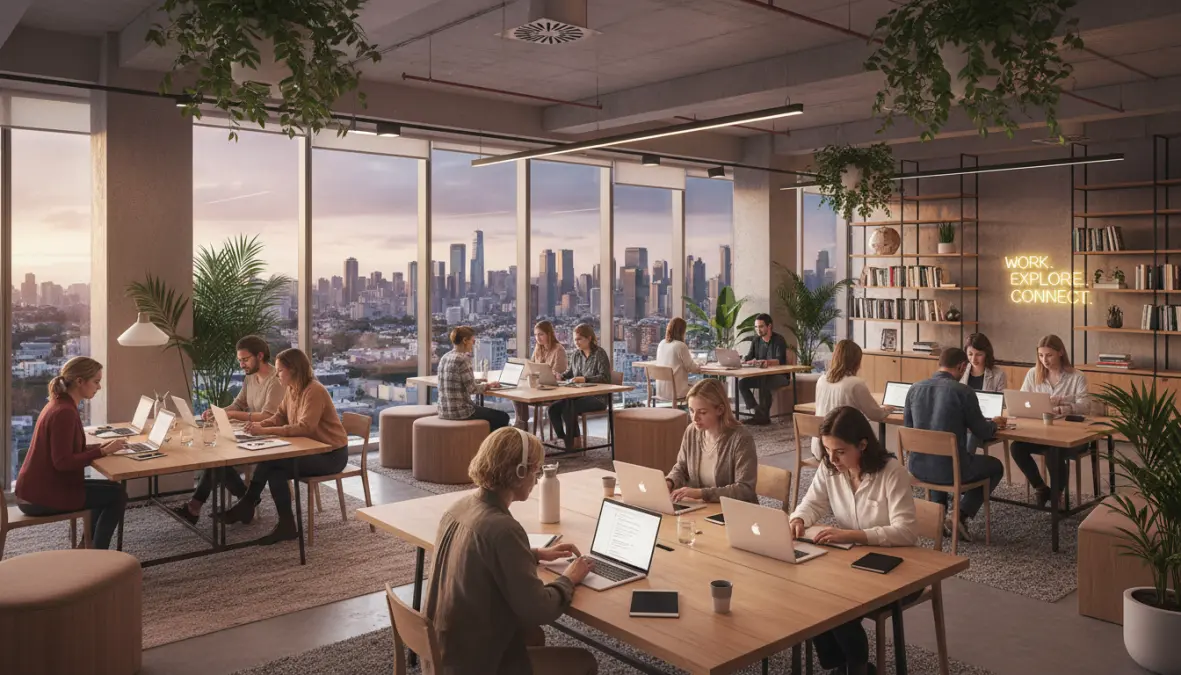 Digital nomads working at coworking space abroad demonstrating remote work travel lifestyle