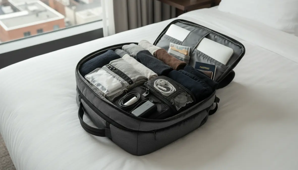 Minimalist packing setup for digital nomads showing essential gear for full-time travel