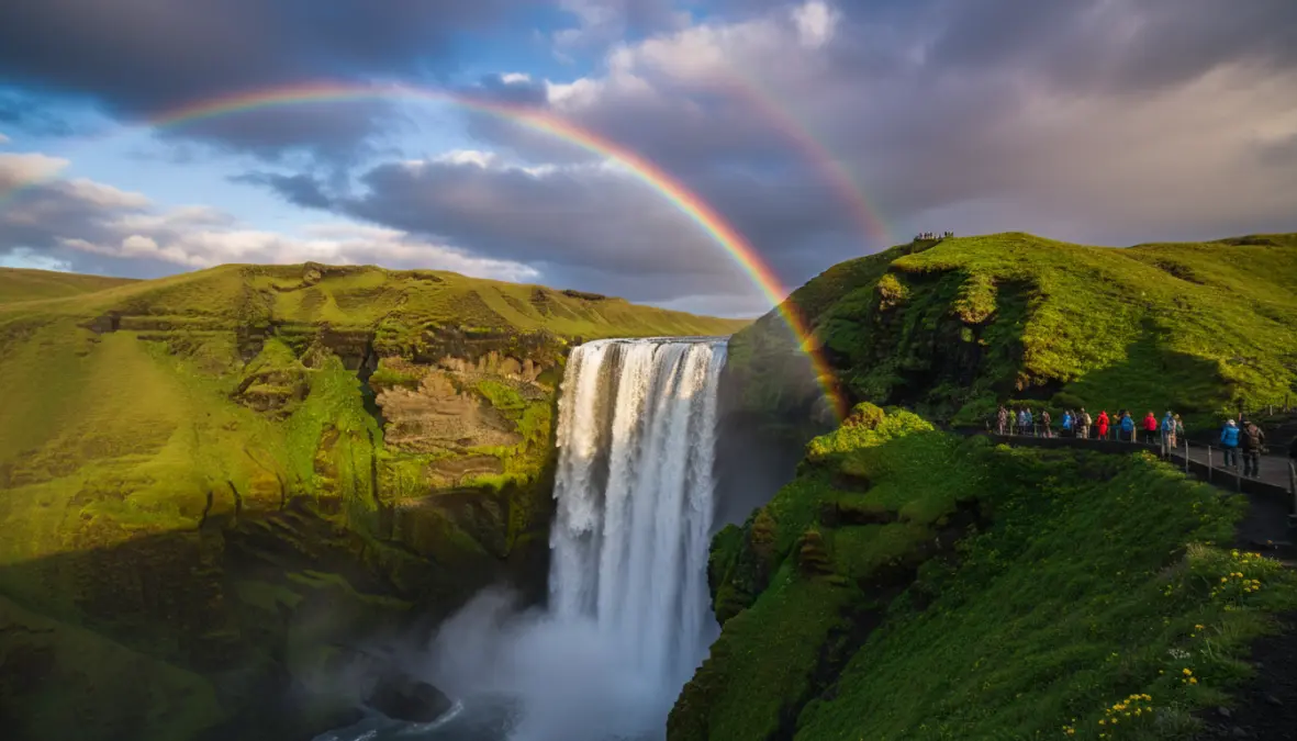 Skogafoss waterfall at peak spring flow on Iceland Ring Road itinerary