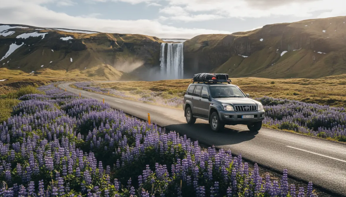 Driving Iceland's Route 1 Ring Road in spring with waterfalls and dramatic landscapes
