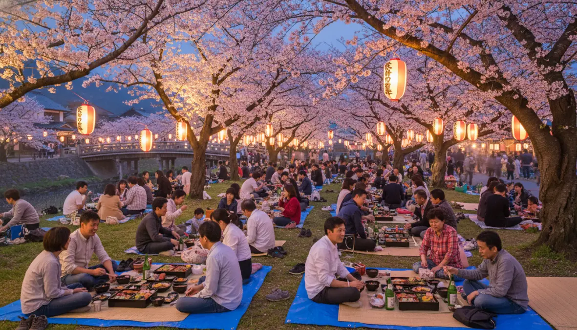 Traditional hanami picnic under illuminated cherry blossom trees during Japan's sakura festival