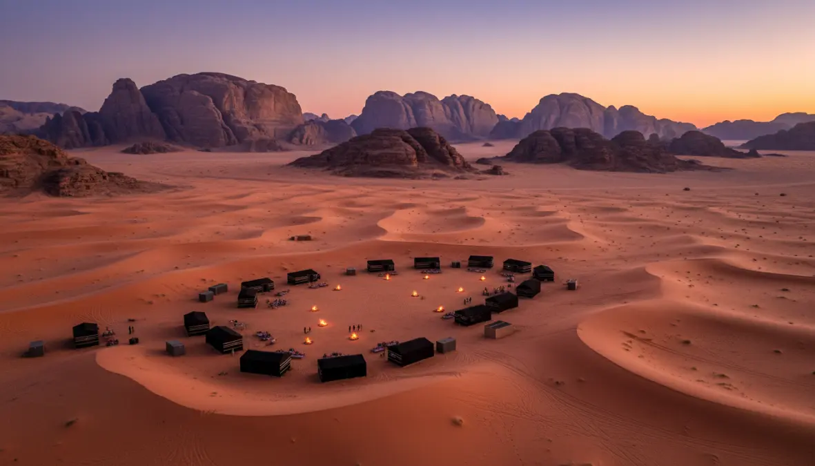 Traditional Bedouin camp in Wadi Rum desert Jordan with tents on red sand dunes at sunset