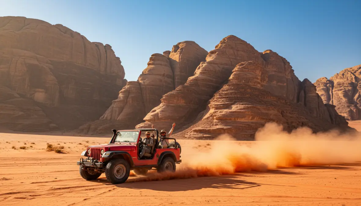 Jeep tour through red desert landscape of Wadi Rum Jordan with dramatic rock formations