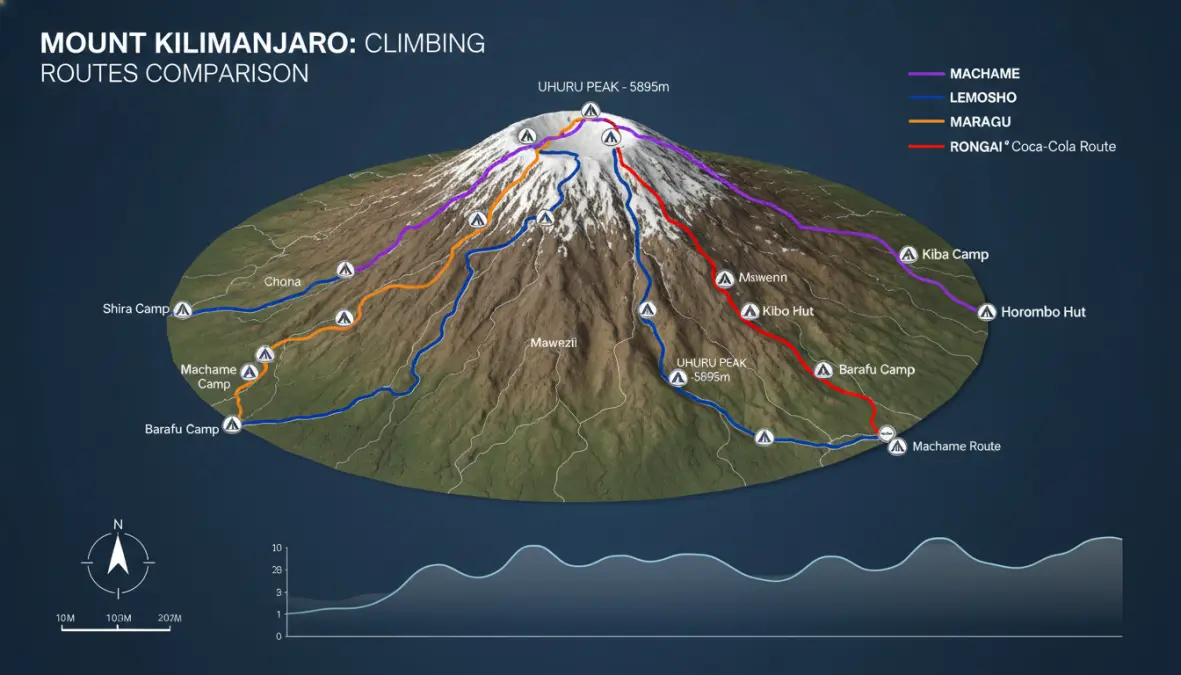 Comparison map of Mount Kilimanjaro routes showing different trekking paths and difficulty levels