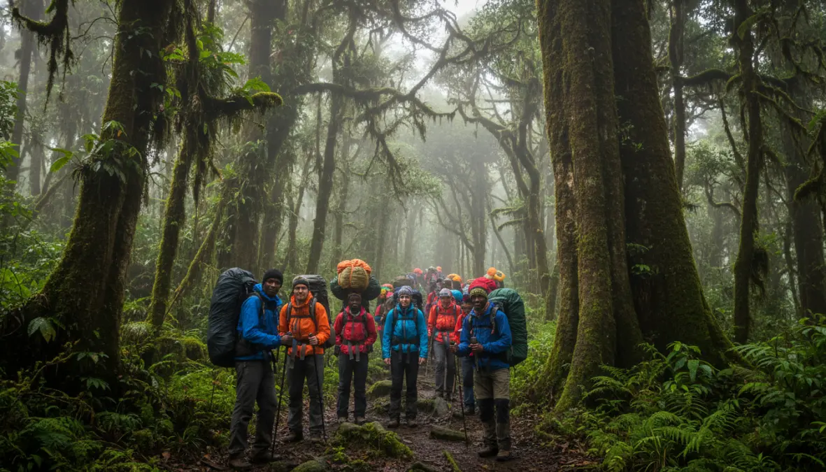 Kilimanjaro guide services with porters and trekking crew hiking through rainforest zone