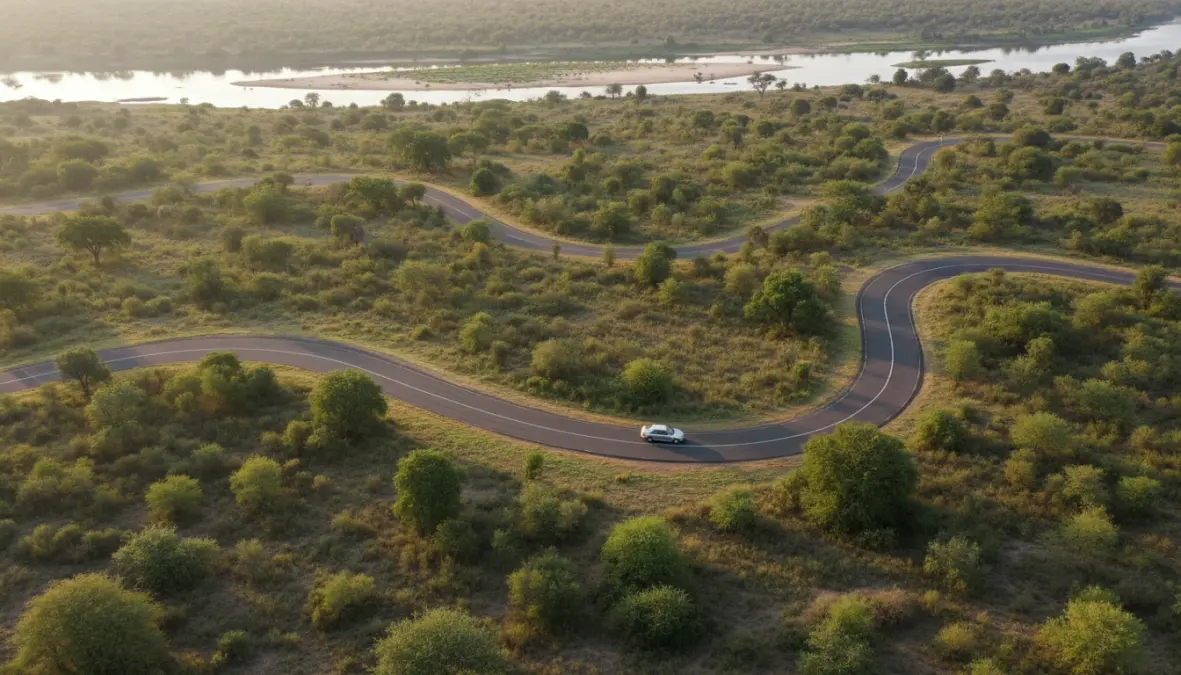 Well-maintained tar road for self drive safari in southern Kruger National Park