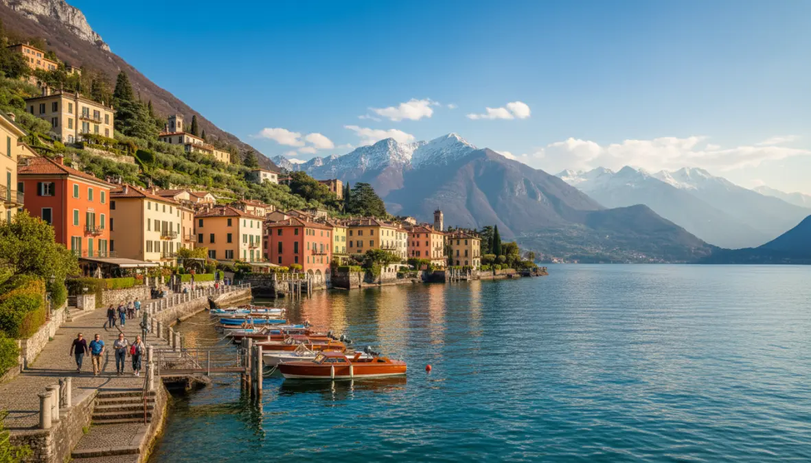 Bellagio village on Lake Como with colorful waterfront buildings and mountain backdrop