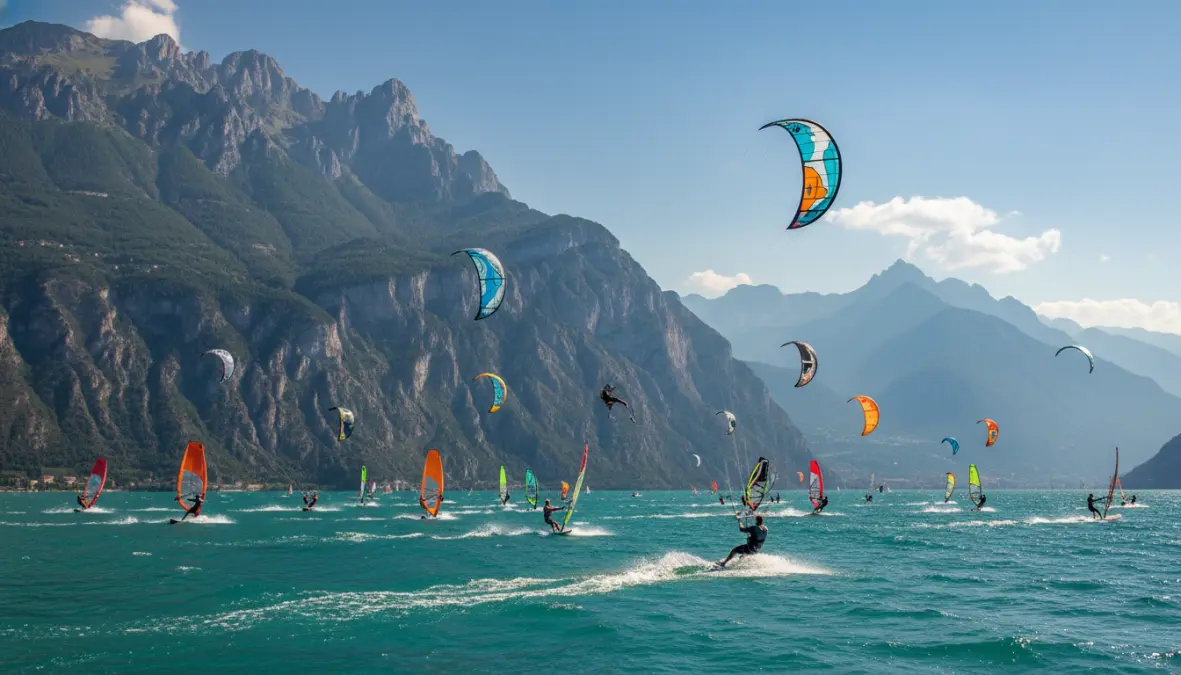 Windsurfing and water sports activities on Lake Garda with mountain views