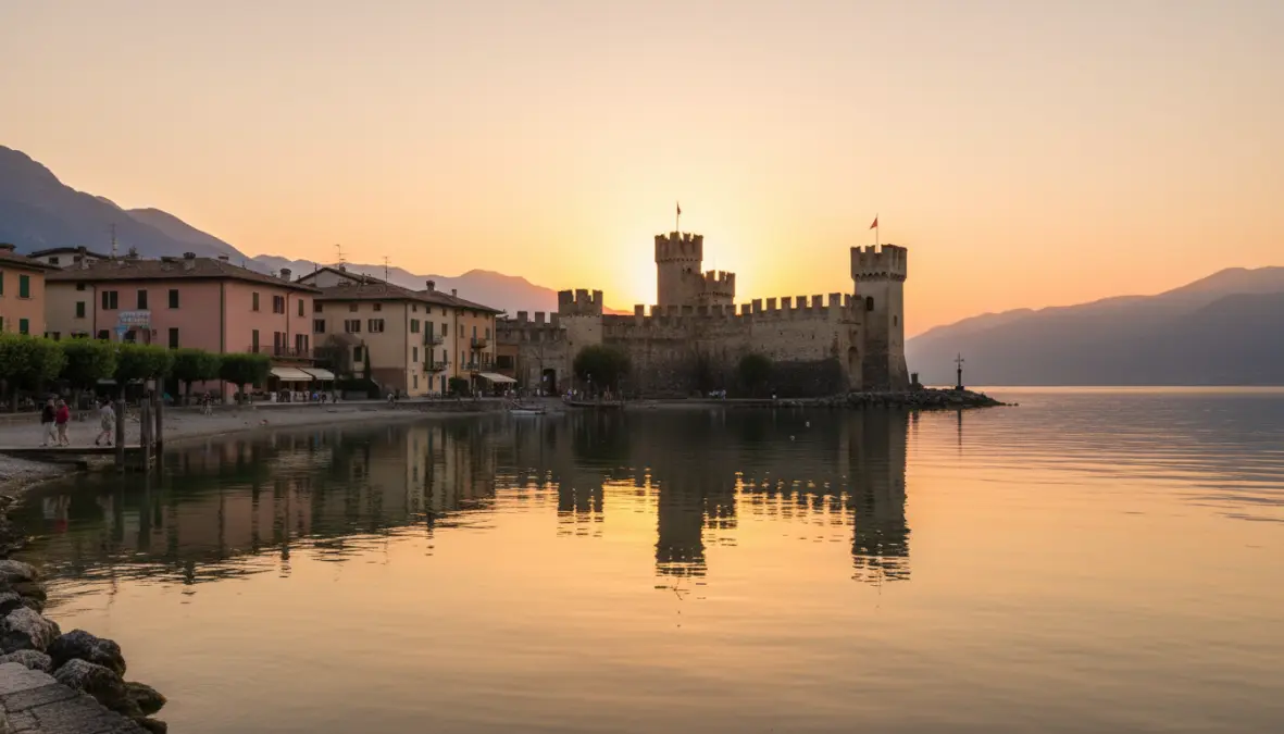 Sirmione castle on Lake Garda at sunset with medieval architecture and romantic atmosphere