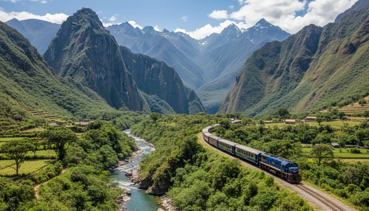 PeruRail train journey from Cusco to Machu Picchu through the Andean mountains