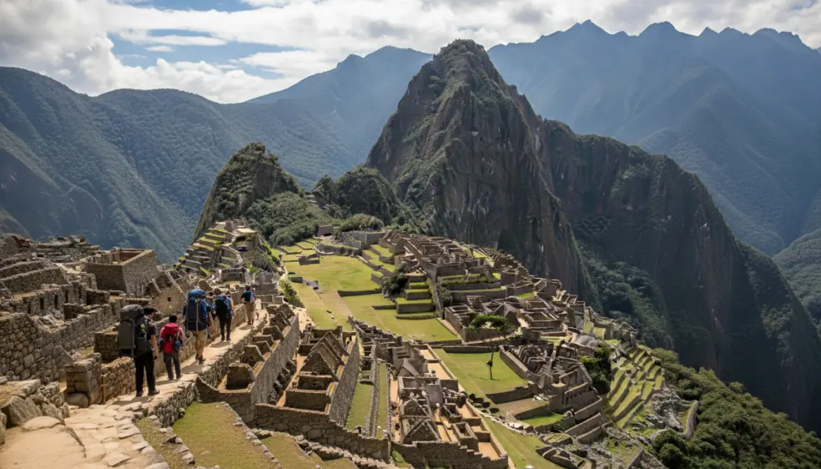 Visitors hiking and exploring Machu Picchu Inca ruins following designated trails