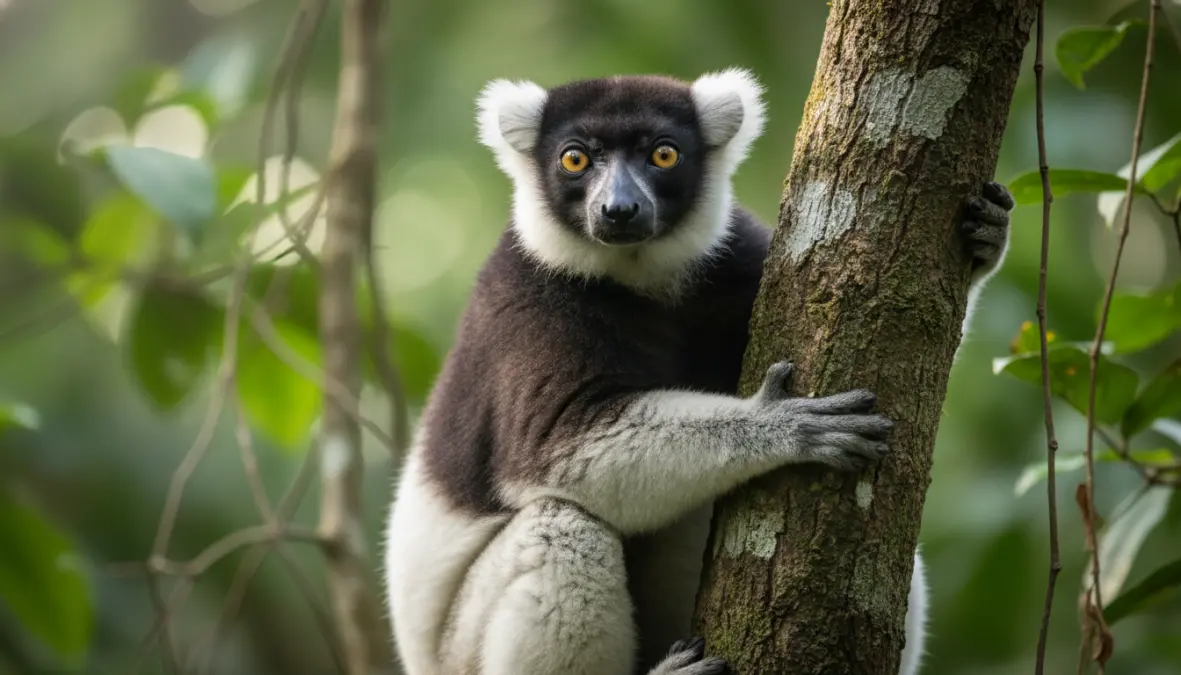 Indri indri lemur in Andasibe-Mantadia National Park Madagascar, largest lemur species in natural rainforest habitat