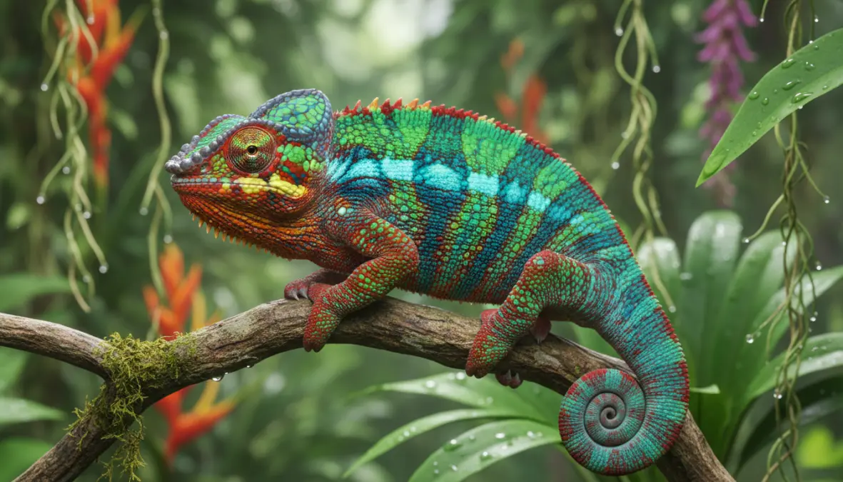 Colorful panther chameleon in Madagascar showing endemic reptile biodiversity and distinctive color-changing ability