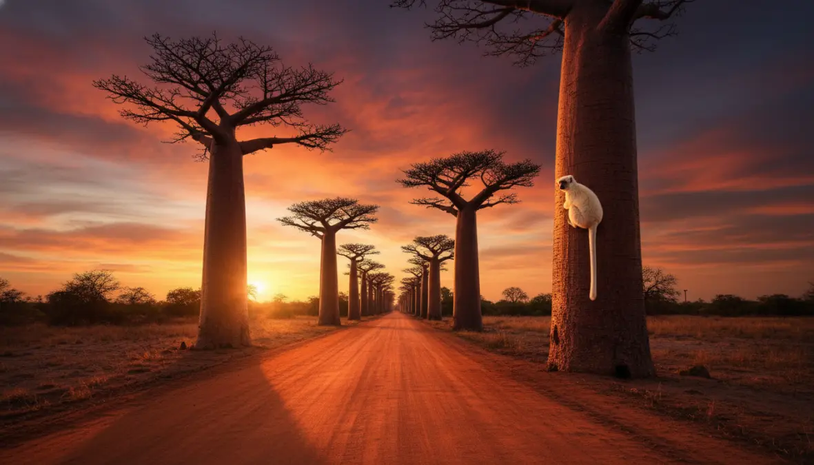 Avenue of Baobabs Madagascar with endemic baobab trees and wildlife at sunset near Kirindy Forest