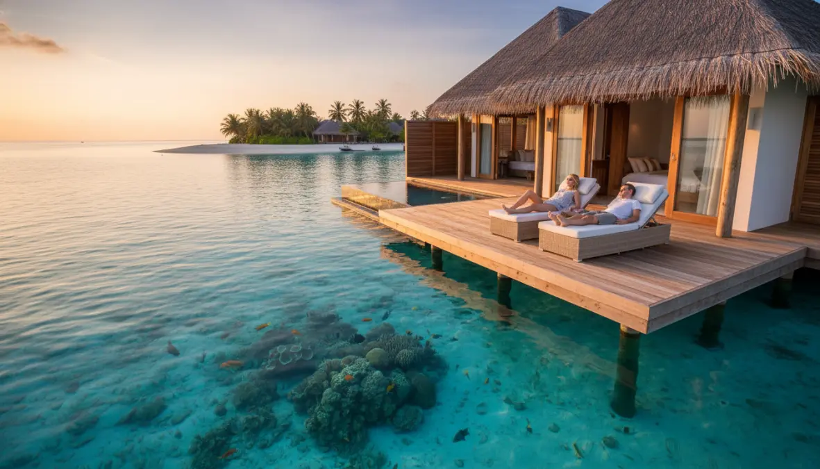 Romantic overwater bungalow in Maldives with couple enjoying private deck over turquoise lagoon