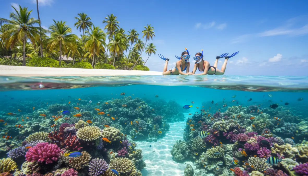 Couple snorkeling coral reefs in tropical Indian Ocean waters comparing Maldives and Seychelles activities