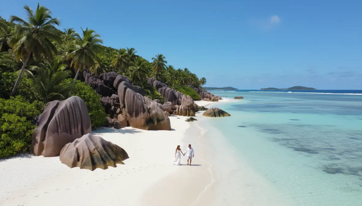 Seychelles famous granite boulder beach with couple walking on white sand tropical honeymoon destination