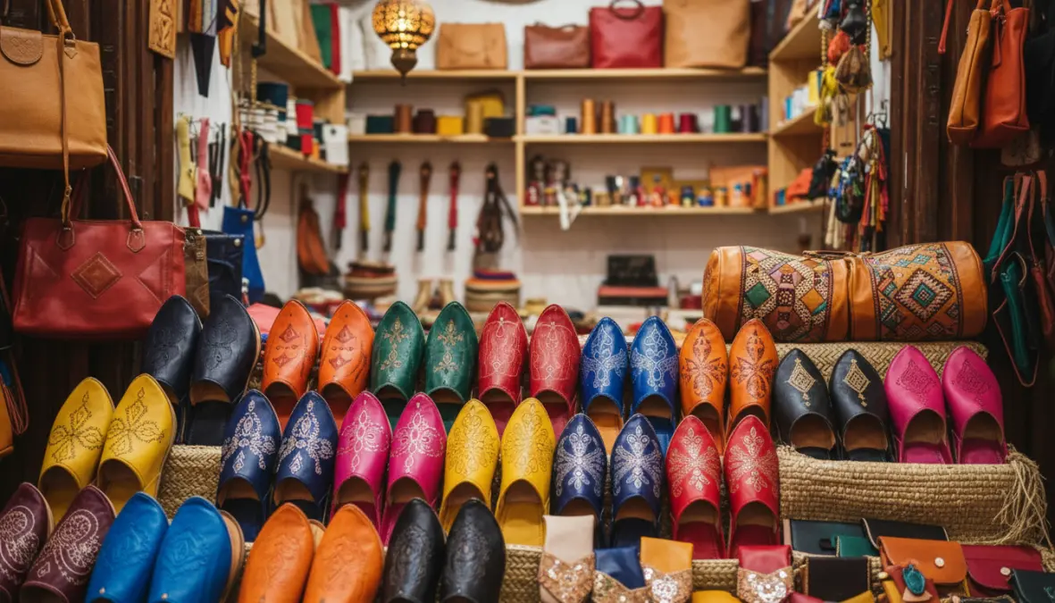 Traditional Marrakech leather goods including colorful babouches slippers at souk market